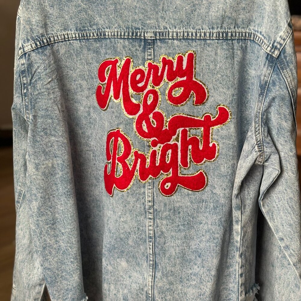 Merry & Bright Distressed Soft Denim Shacket Sequins Chenille Glitter Christmas